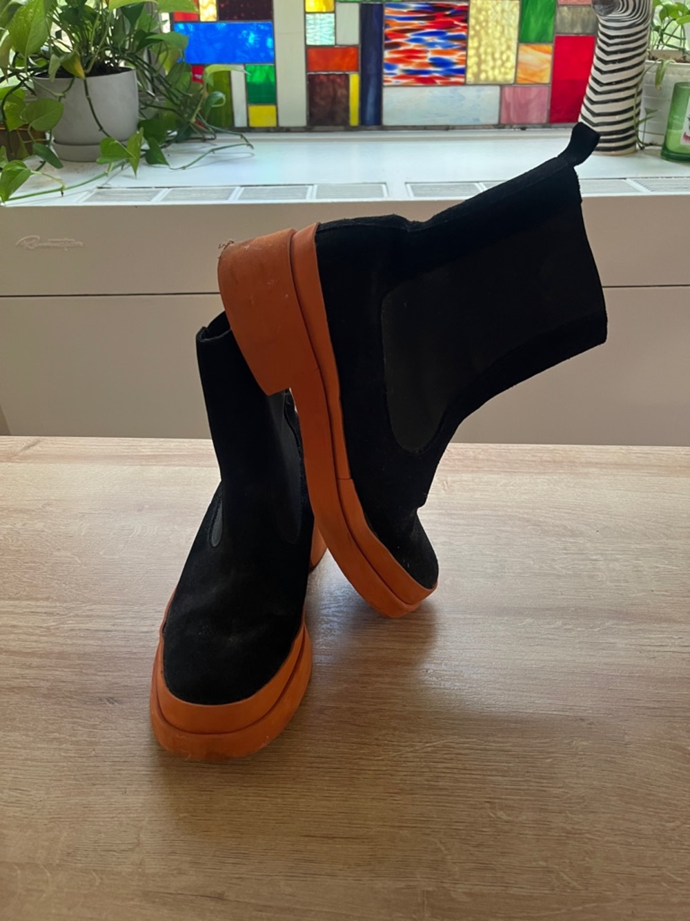 Black Suede Chelsea Boots with Orange Platform